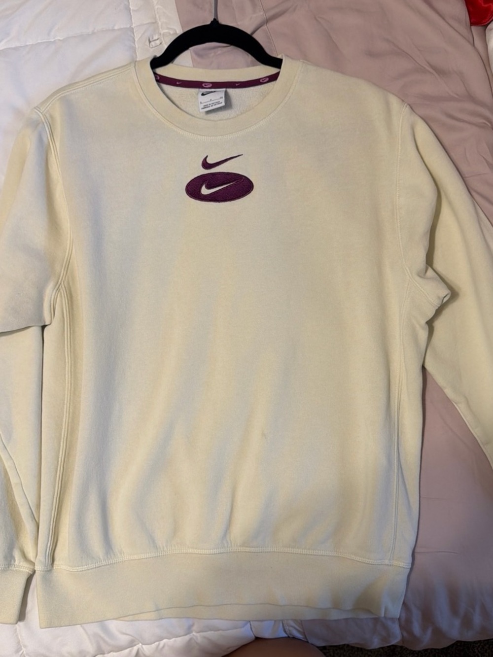 Nike Men’s Cream Crewneck Sweatshirt with Purple Logo